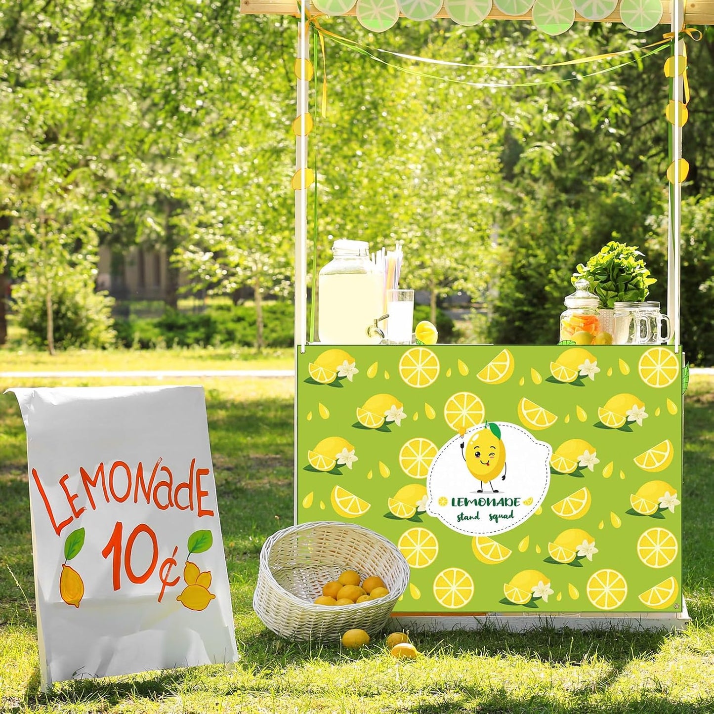 Lemonade Tablecloth 45 x 31 Inch Lemonade Stand Table Cloth with Ribbon Washable Fabric Polyester Rectangle Table Cover for Lemon Party Supplies Summer Beach Party Decorations Yellow
