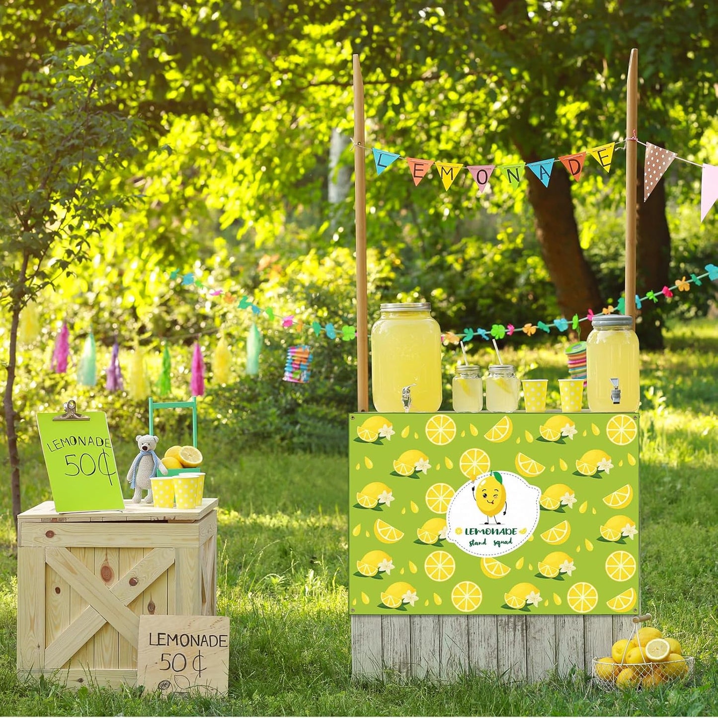 Lemonade Tablecloth 45 x 31 Inch Lemonade Stand Table Cloth with Ribbon Washable Fabric Polyester Rectangle Table Cover for Lemon Party Supplies Summer Beach Party Decorations Yellow