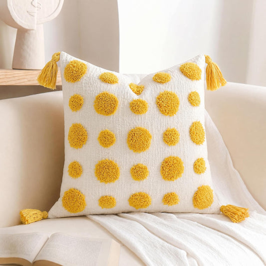 Super Soft Farmhouse Decorative Plush Throw Pillow Covers 18 x 18 Yellow,Solid Pom pom Tufted with Tassels Modern Accent Boho Square Cushion Cover Pillow Case for Couch Sofa