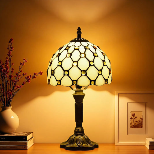 Tiffany Style Stained Glass Lamp with Yellow Beads, 8-Inch Table Lamp – Handcrafted Vintage Accent Light for Bedroom Nightstand, Office Desk, or Living Room, LED Bulb Included