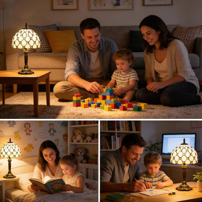 Tiffany Style Stained Glass Lamp with Yellow Beads, 8-Inch Table Lamp – Handcrafted Vintage Accent Light for Bedroom Nightstand, Office Desk, or Living Room, LED Bulb Included
