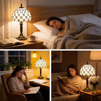 Tiffany Style Stained Glass Lamp with Yellow Beads, 8-Inch Table Lamp – Handcrafted Vintage Accent Light for Bedroom Nightstand, Office Desk, or Living Room, LED Bulb Included
