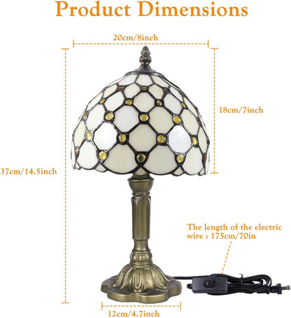 Tiffany Style Stained Glass Lamp with Yellow Beads, 8-Inch Table Lamp – Handcrafted Vintage Accent Light for Bedroom Nightstand, Office Desk, or Living Room, LED Bulb Included