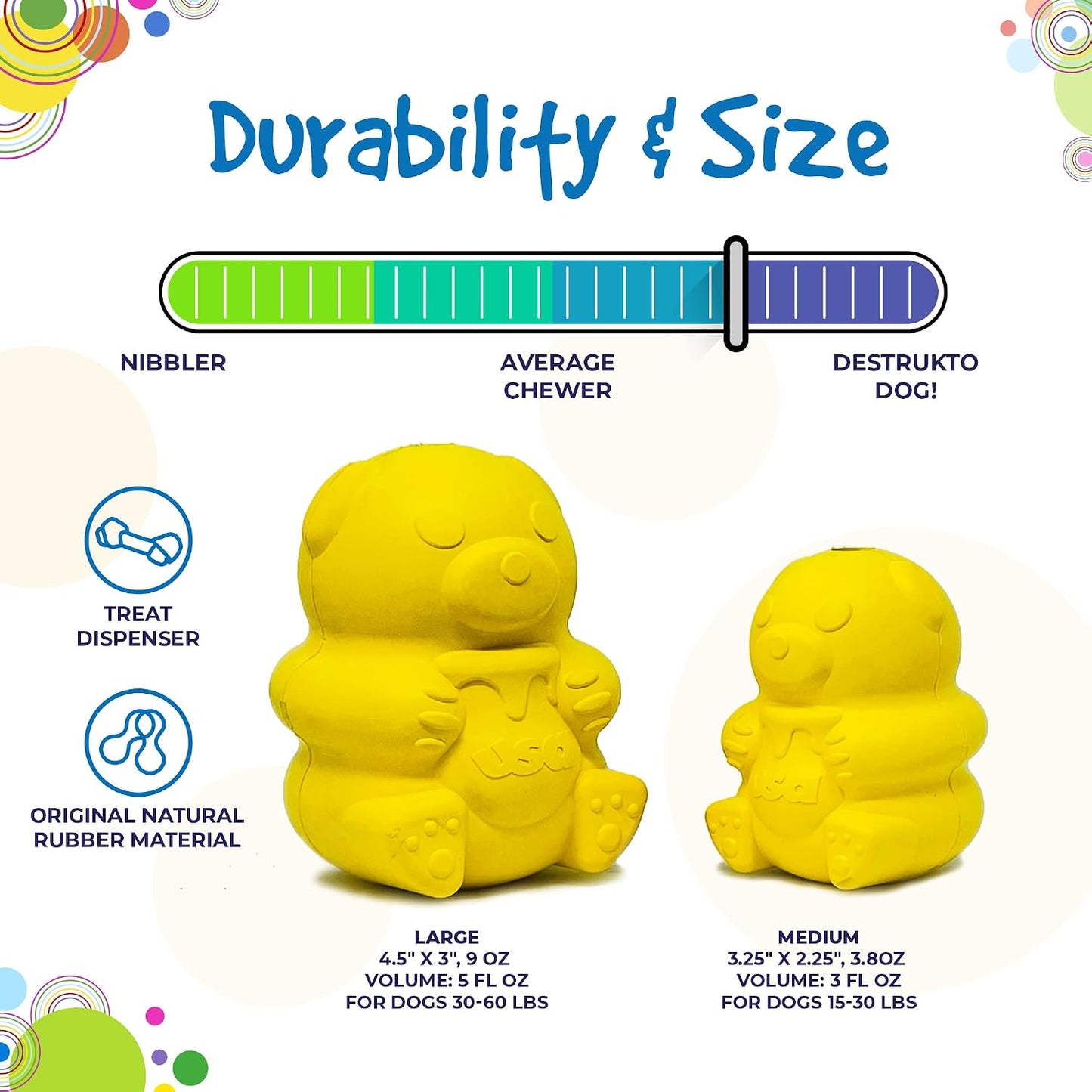 Honey Bear – Durable Dog Treat Dispenser & Chew Toy Made in USA from Non-Toxic, Pet Safe, Food Safe Natural Rubber Material for Mental Stimulation, Problem Chewing, Calming Nerves, & More