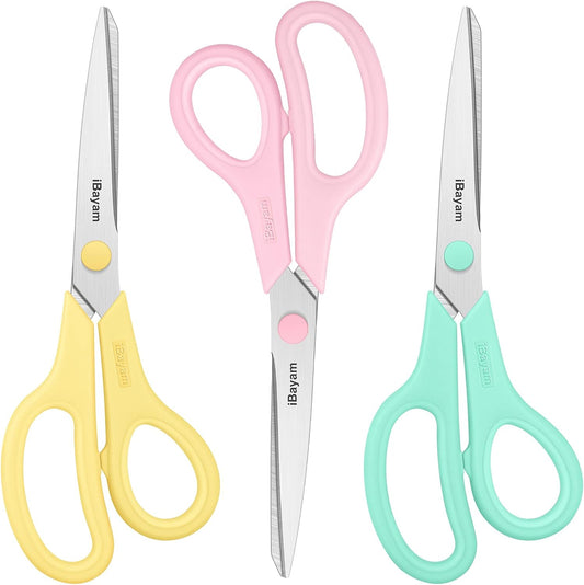 iBayam 8.5" All Purpose Yellow Pink Teal Scissors for School Office Teacher | 2.5mm Thick Blade Shears | Soft Comfort-grip | Left/Right Handed | Cute Office School Teacher Supplies | Home Sewing Fabric