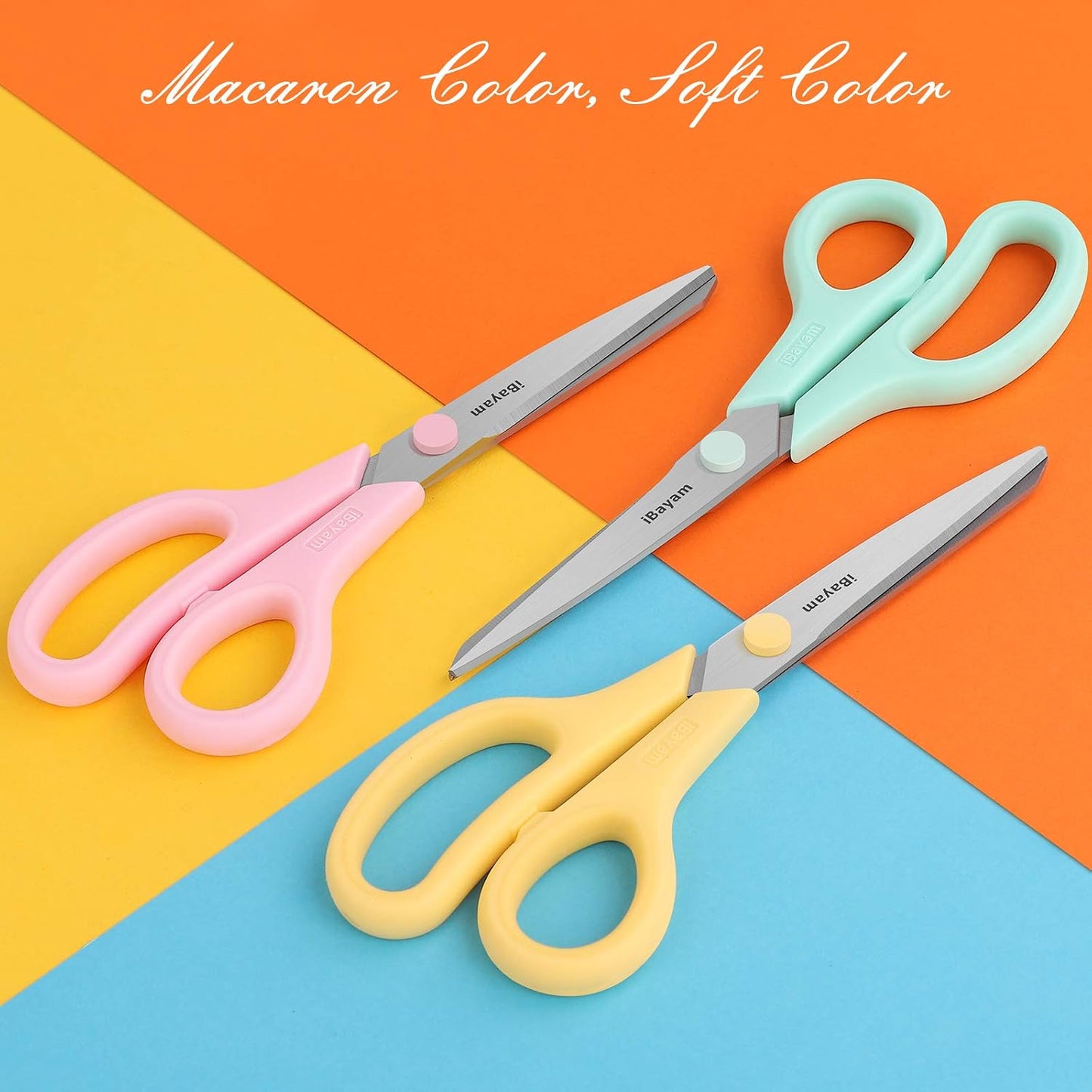 iBayam 8.5" All Purpose Yellow Pink Teal Scissors for School Office Teacher | 2.5mm Thick Blade Shears | Soft Comfort-grip | Left/Right Handed | Cute Office School Teacher Supplies | Home Sewing Fabric