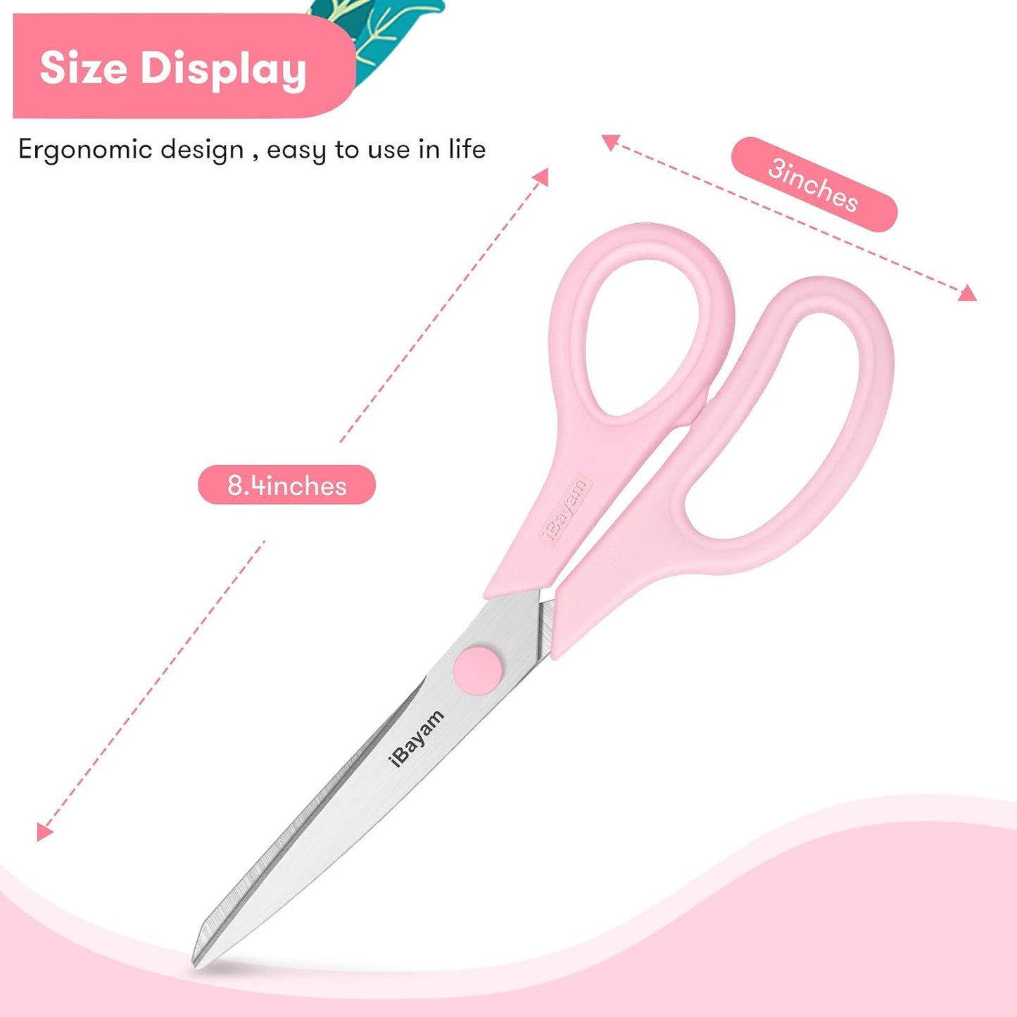 iBayam 8.5" All Purpose Yellow Pink Teal Scissors for School Office Teacher | 2.5mm Thick Blade Shears | Soft Comfort-grip | Left/Right Handed | Cute Office School Teacher Supplies | Home Sewing Fabric