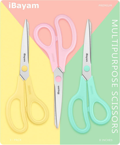 iBayam 8.5" All Purpose Yellow Pink Teal Scissors for School Office Teacher | 2.5mm Thick Blade Shears | Soft Comfort-grip | Left/Right Handed | Cute Office School Teacher Supplies | Home Sewing Fabric