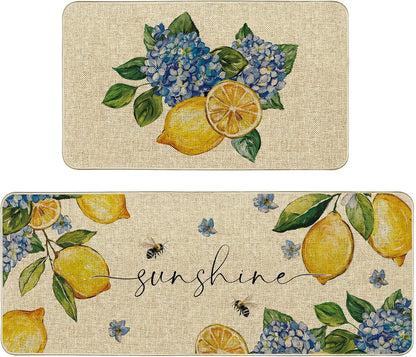 Summer Lemon Kitchen Mats Set of 2, Almafi Italy Blue Hydrangea Kitchen Rugs Sunshine Bee Floor Rug Non-Slip Low Profile Mat Seasonal Farmhouse Home Decor 17x29 and 17x47 Inch