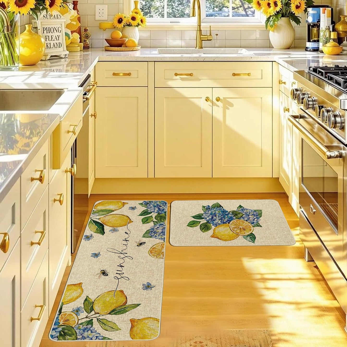 Summer Lemon Kitchen Mats Set of 2, Almafi Italy Blue Hydrangea Kitchen Rugs Sunshine Bee Floor Rug Non-Slip Low Profile Mat Seasonal Farmhouse Home Decor 17x29 and 17x47 Inch