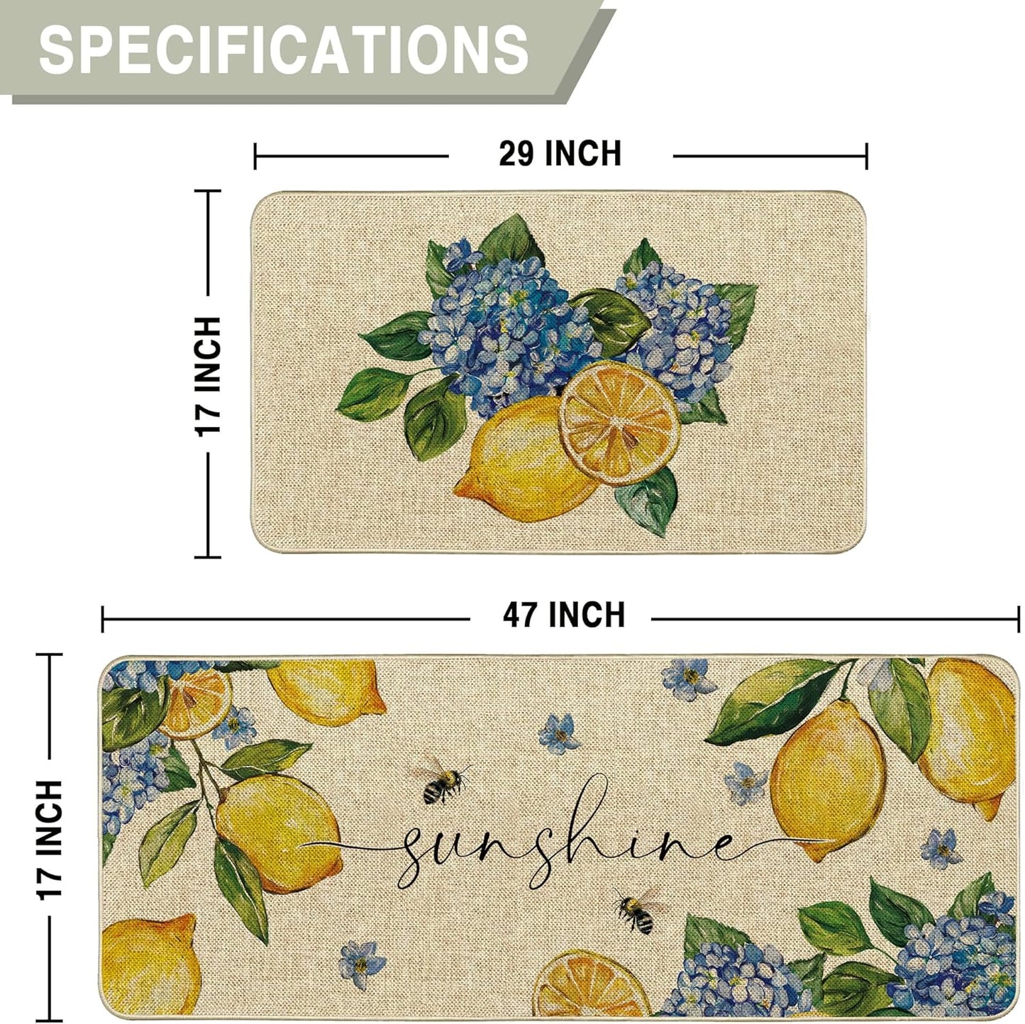 Summer Lemon Kitchen Mats Set of 2, Almafi Italy Blue Hydrangea Kitchen Rugs Sunshine Bee Floor Rug Non-Slip Low Profile Mat Seasonal Farmhouse Home Decor 17x29 and 17x47 Inch