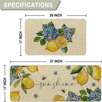 Summer Lemon Kitchen Mats Set of 2, Almafi Italy Blue Hydrangea Kitchen Rugs Sunshine Bee Floor Rug Non-Slip Low Profile Mat Seasonal Farmhouse Home Decor 17x29 and 17x47 Inch