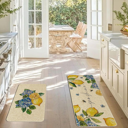 Summer Lemon Kitchen Mats Set of 2, Almafi Italy Blue Hydrangea Kitchen Rugs Sunshine Bee Floor Rug Non-Slip Low Profile Mat Seasonal Farmhouse Home Decor 17x29 and 17x47 Inch