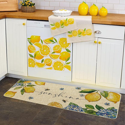 Summer Lemon Kitchen Mats Set of 2, Almafi Italy Blue Hydrangea Kitchen Rugs Sunshine Bee Floor Rug Non-Slip Low Profile Mat Seasonal Farmhouse Home Decor 17x29 and 17x47 Inch