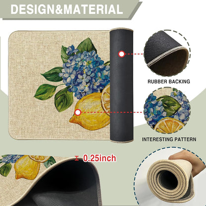 Summer Lemon Kitchen Mats Set of 2, Almafi Italy Blue Hydrangea Kitchen Rugs Sunshine Bee Floor Rug Non-Slip Low Profile Mat Seasonal Farmhouse Home Decor 17x29 and 17x47 Inch