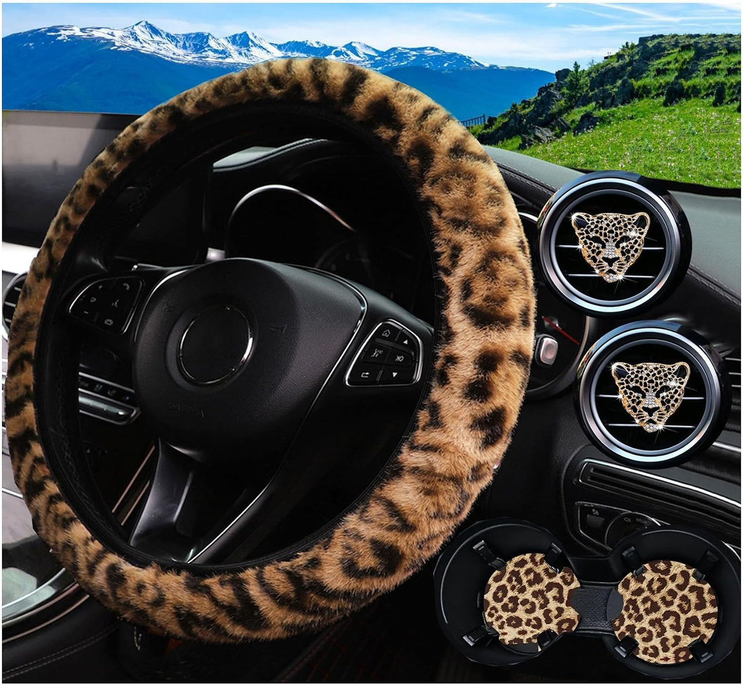5 Pcs Fluffy Cheetah Steering Wheel Cover Car Accessories Set Warm Soft Universal 14.5-15 Inch Leopard Print Fuzzy Faux Fur for Men and Women (Ginger Yellow)