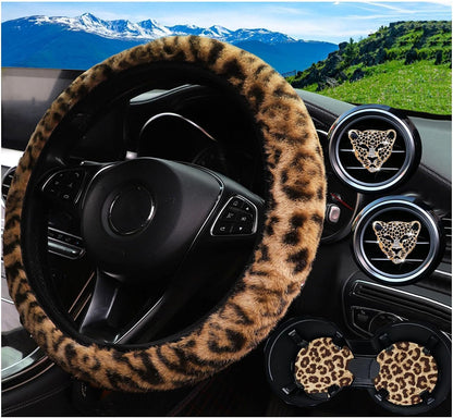 5 Pcs Fluffy Cheetah Steering Wheel Cover Car Accessories Set Warm Soft Universal 14.5-15 Inch Leopard Print Fuzzy Faux Fur for Men and Women (Ginger Yellow)