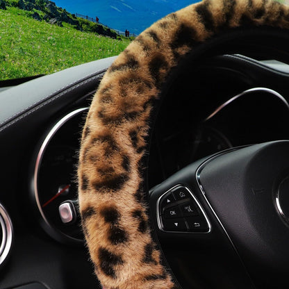 5 Pcs Fluffy Cheetah Steering Wheel Cover Car Accessories Set Warm Soft Universal 14.5-15 Inch Leopard Print Fuzzy Faux Fur for Men and Women (Ginger Yellow)