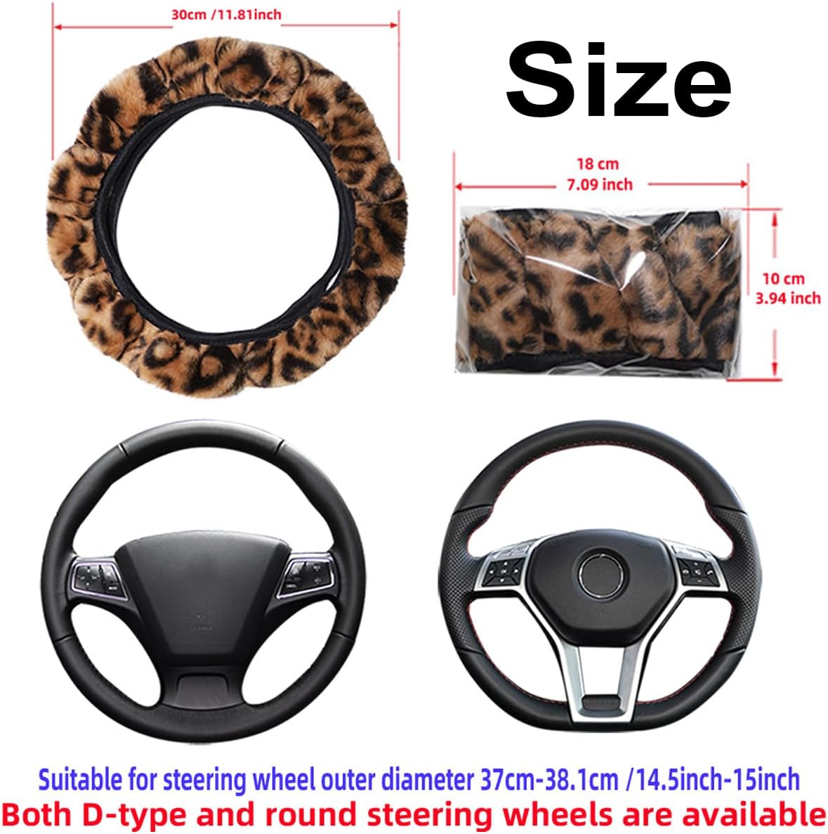 5 Pcs Fluffy Cheetah Steering Wheel Cover Car Accessories Set Warm Soft Universal 14.5-15 Inch Leopard Print Fuzzy Faux Fur for Men and Women (Ginger Yellow)
