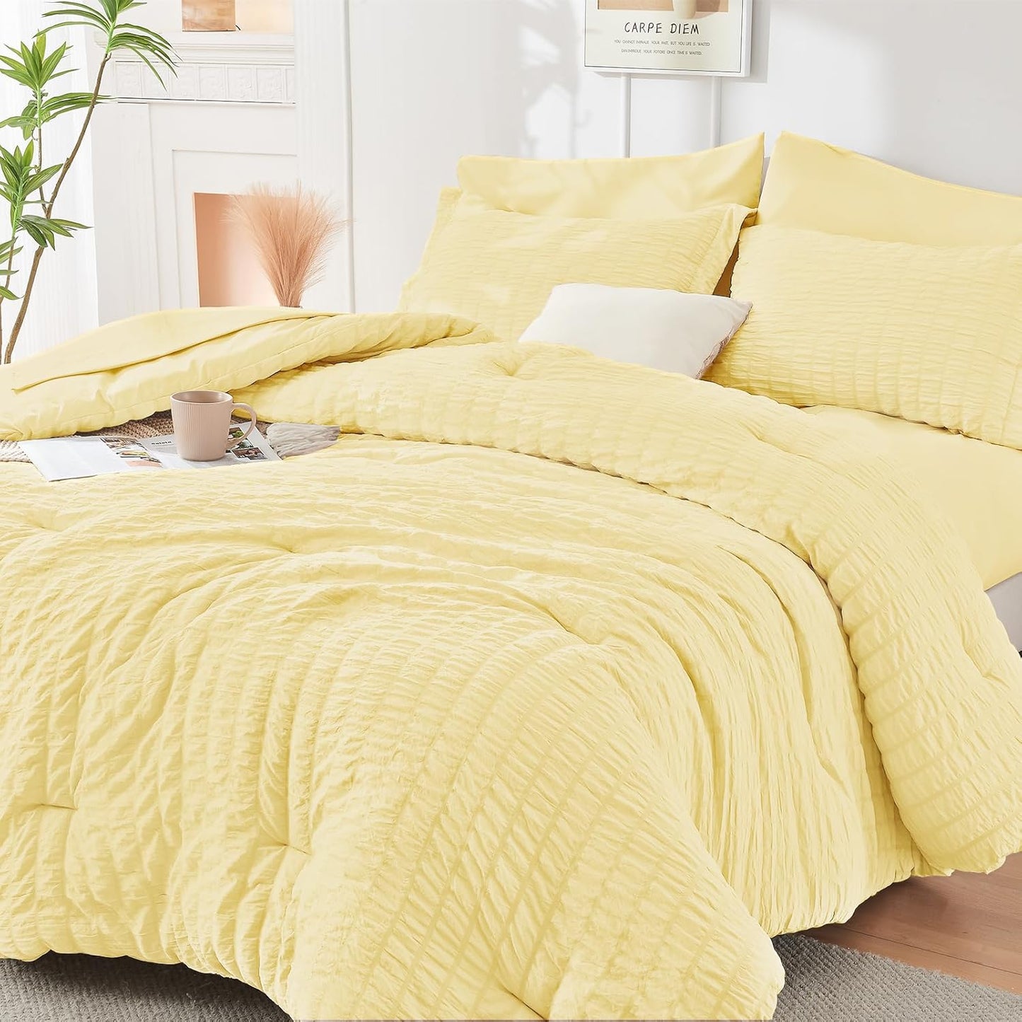 Yellow Queen Comforter Set Seersucker 7 Pieces, All Season Luxury Bed in a Bag Queen for Bedroom, Bedding Set with Comforter, Sheets, Pillowcases & Shams