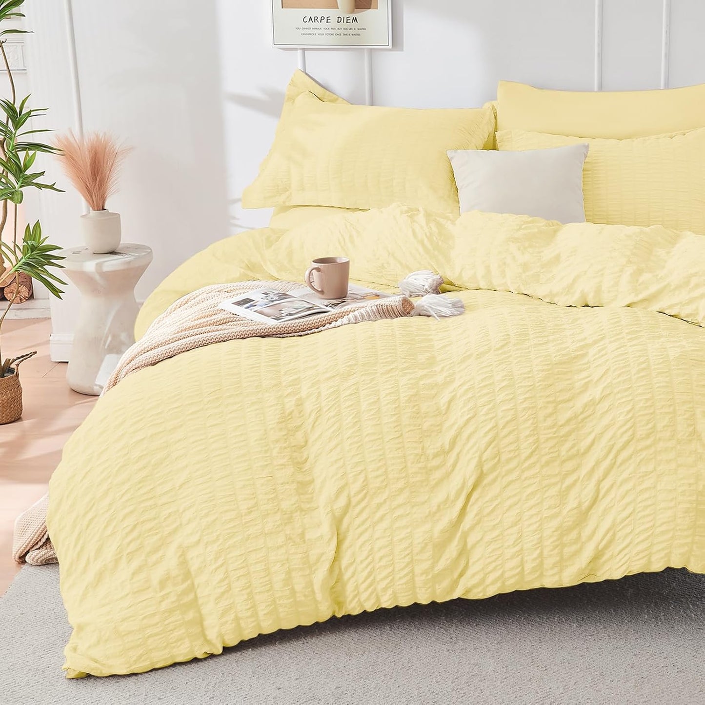 Yellow Queen Comforter Set Seersucker 7 Pieces, All Season Luxury Bed in a Bag Queen for Bedroom, Bedding Set with Comforter, Sheets, Pillowcases & Shams