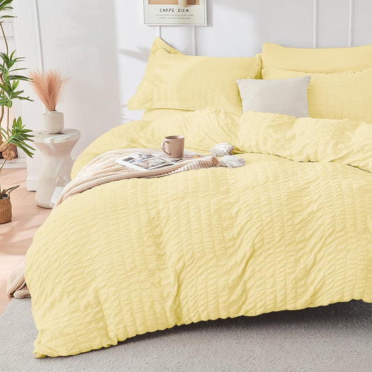 Yellow Queen Comforter Set Seersucker 7 Pieces, All Season Luxury Bed in a Bag Queen for Bedroom, Bedding Set with Comforter, Sheets, Pillowcases & Shams