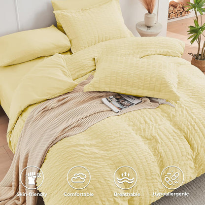 Yellow Queen Comforter Set Seersucker 7 Pieces, All Season Luxury Bed in a Bag Queen for Bedroom, Bedding Set with Comforter, Sheets, Pillowcases & Shams