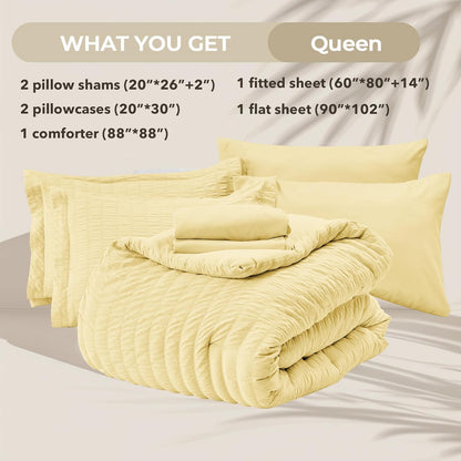 Yellow Queen Comforter Set Seersucker 7 Pieces, All Season Luxury Bed in a Bag Queen for Bedroom, Bedding Set with Comforter, Sheets, Pillowcases & Shams