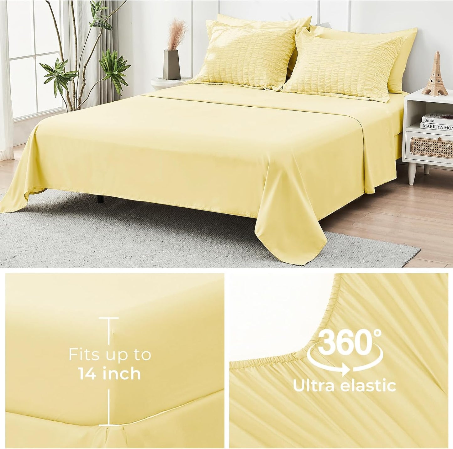 Yellow Queen Comforter Set Seersucker 7 Pieces, All Season Luxury Bed in a Bag Queen for Bedroom, Bedding Set with Comforter, Sheets, Pillowcases & Shams