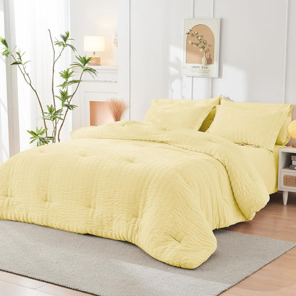 Yellow Queen Comforter Set Seersucker 7 Pieces, All Season Luxury Bed in a Bag Queen for Bedroom, Bedding Set with Comforter, Sheets, Pillowcases & Shams