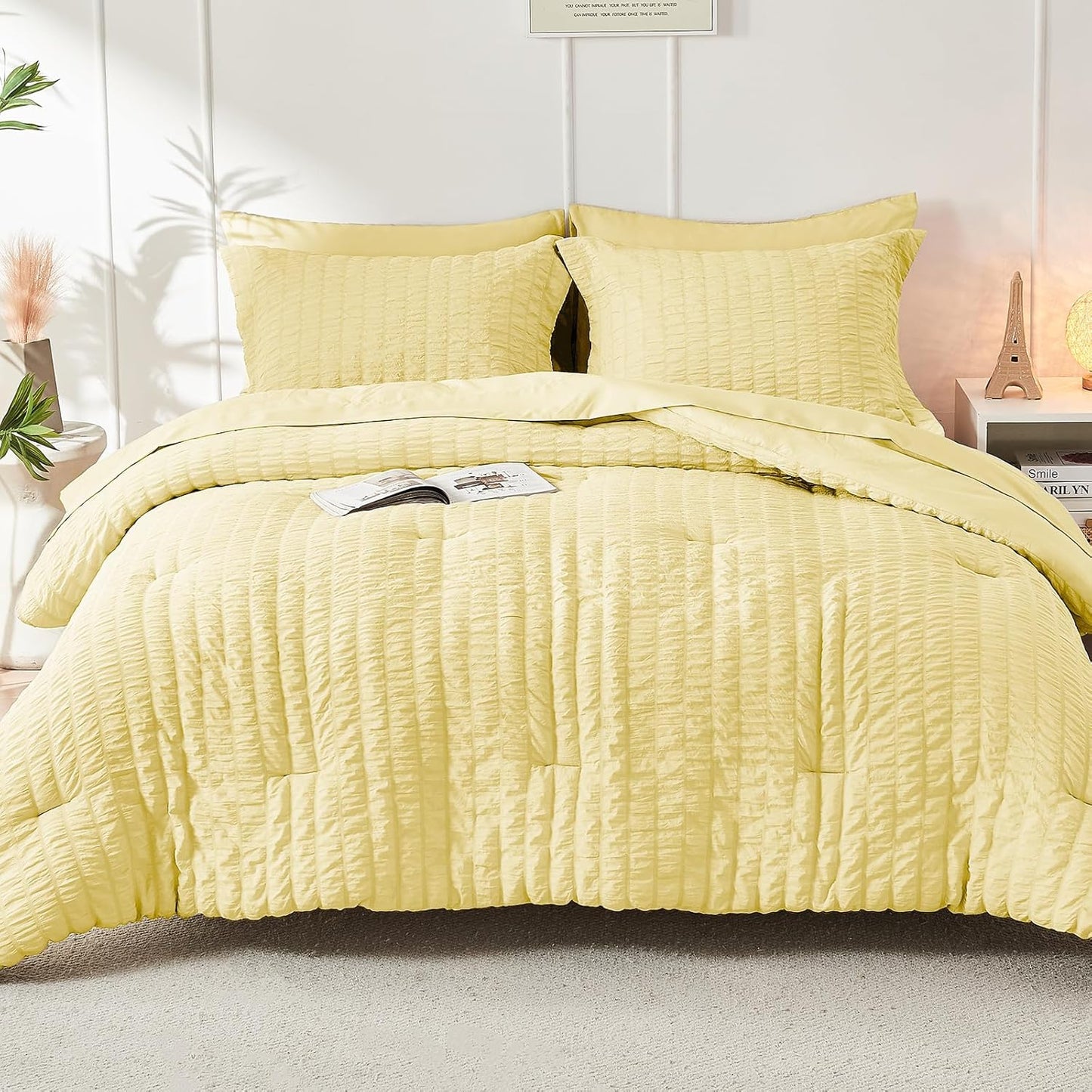 Yellow Queen Comforter Set Seersucker 7 Pieces, All Season Luxury Bed in a Bag Queen for Bedroom, Bedding Set with Comforter, Sheets, Pillowcases & Shams