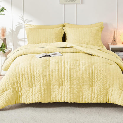 Yellow Queen Comforter Set Seersucker 7 Pieces, All Season Luxury Bed in a Bag Queen for Bedroom, Bedding Set with Comforter, Sheets, Pillowcases & Shams