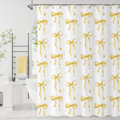 Yellow Bow Shower Curtain, Yellow and White Modern Aesthetic Bowknot with Polka Dot Cute Girly Bathroom Curtain Waterproof Fabric Machine Washable with Hooks, 72" Wx72 L