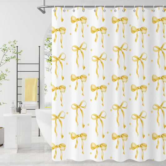 Yellow Bow Shower Curtain, Yellow and White Modern Aesthetic Bowknot with Polka Dot Cute Girly Bathroom Curtain Waterproof Fabric Machine Washable with Hooks, 72" Wx72 L