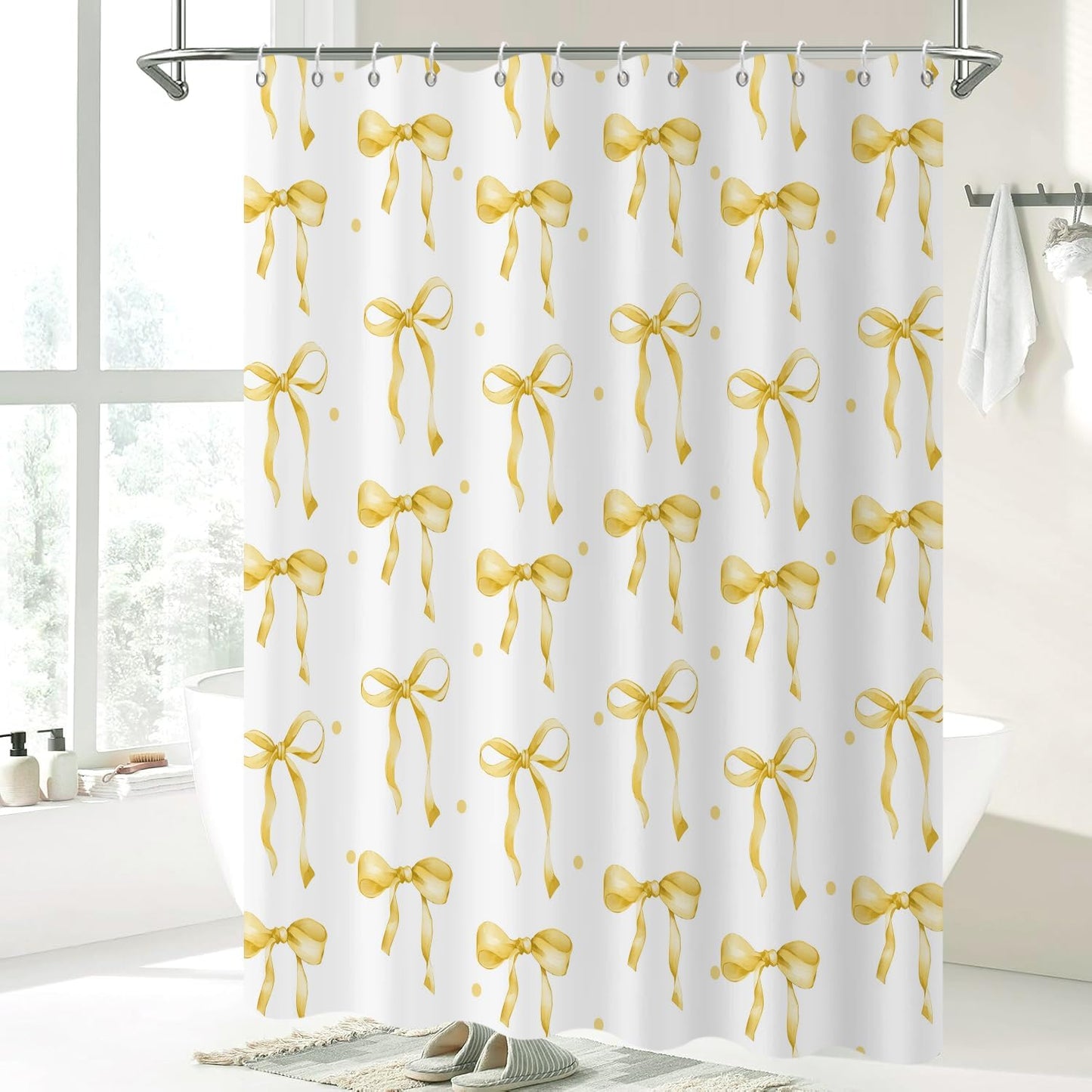 Yellow Bow Shower Curtain, Yellow and White Modern Aesthetic Bowknot with Polka Dot Cute Girly Bathroom Curtain Waterproof Fabric Machine Washable with Hooks, 72" Wx72 L