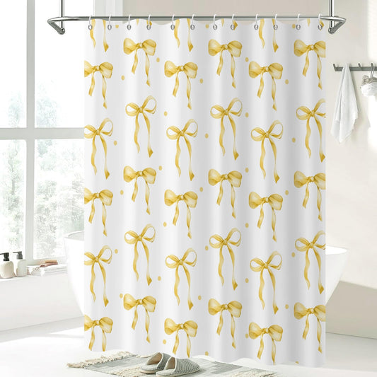 Yellow Bow Shower Curtain, Yellow and White Modern Aesthetic Bowknot with Polka Dot Cute Girly Bathroom Curtain Waterproof Fabric Machine Washable with Hooks, 72" Wx72 L