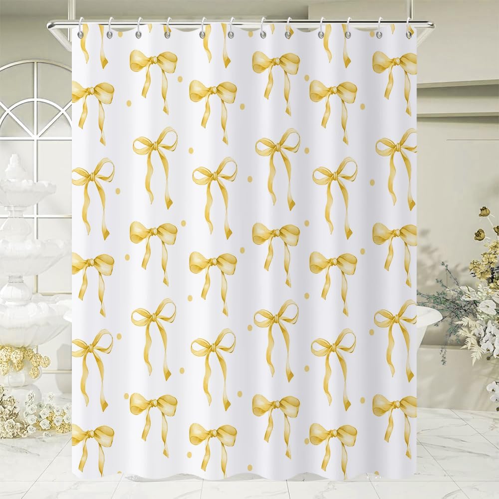 Yellow Bow Shower Curtain, Yellow and White Modern Aesthetic Bowknot with Polka Dot Cute Girly Bathroom Curtain Waterproof Fabric Machine Washable with Hooks, 72" Wx72 L