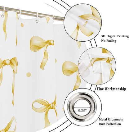 Yellow Bow Shower Curtain, Yellow and White Modern Aesthetic Bowknot with Polka Dot Cute Girly Bathroom Curtain Waterproof Fabric Machine Washable with Hooks, 72" Wx72 L