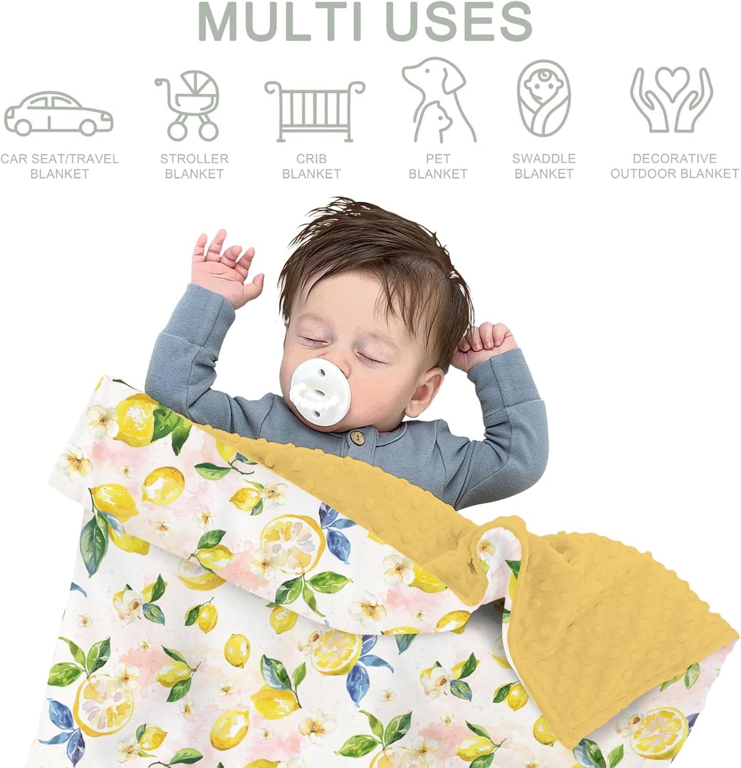 Lemons Baby Blankets for Girl Boy Lemon Branch Leaves Flowers Soft Mink Dotted Backing Double Layer Swaddle Receiving Blanket Tropical Summer Fruits Bed Throw for Newborn Infant Toddler Nursery 30x40