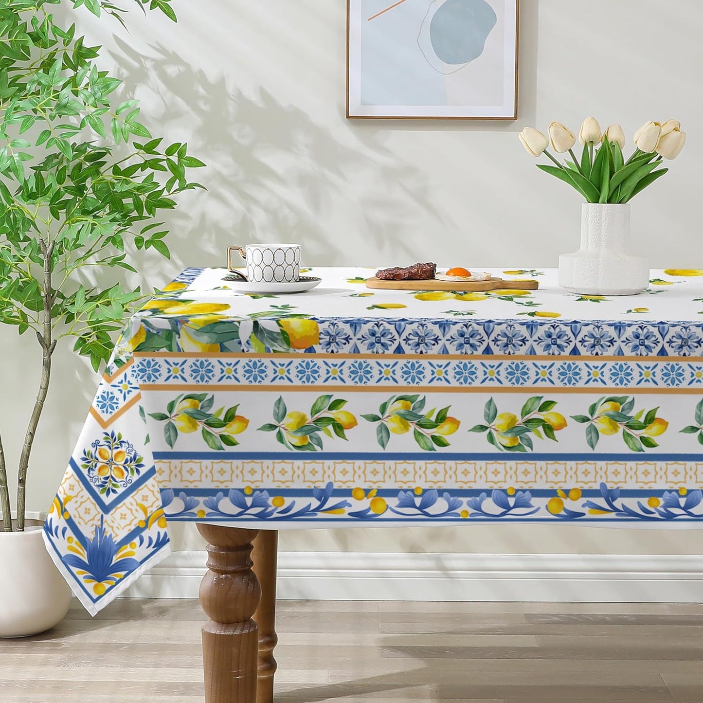 Lemon Tablecloth 60x84 Inch Rectangle - Italian Summer Decor for Home - Water Resistant Mediterranean Blue Bridal Summer Table Cloth Rectangle for Party,Table, Outdoor