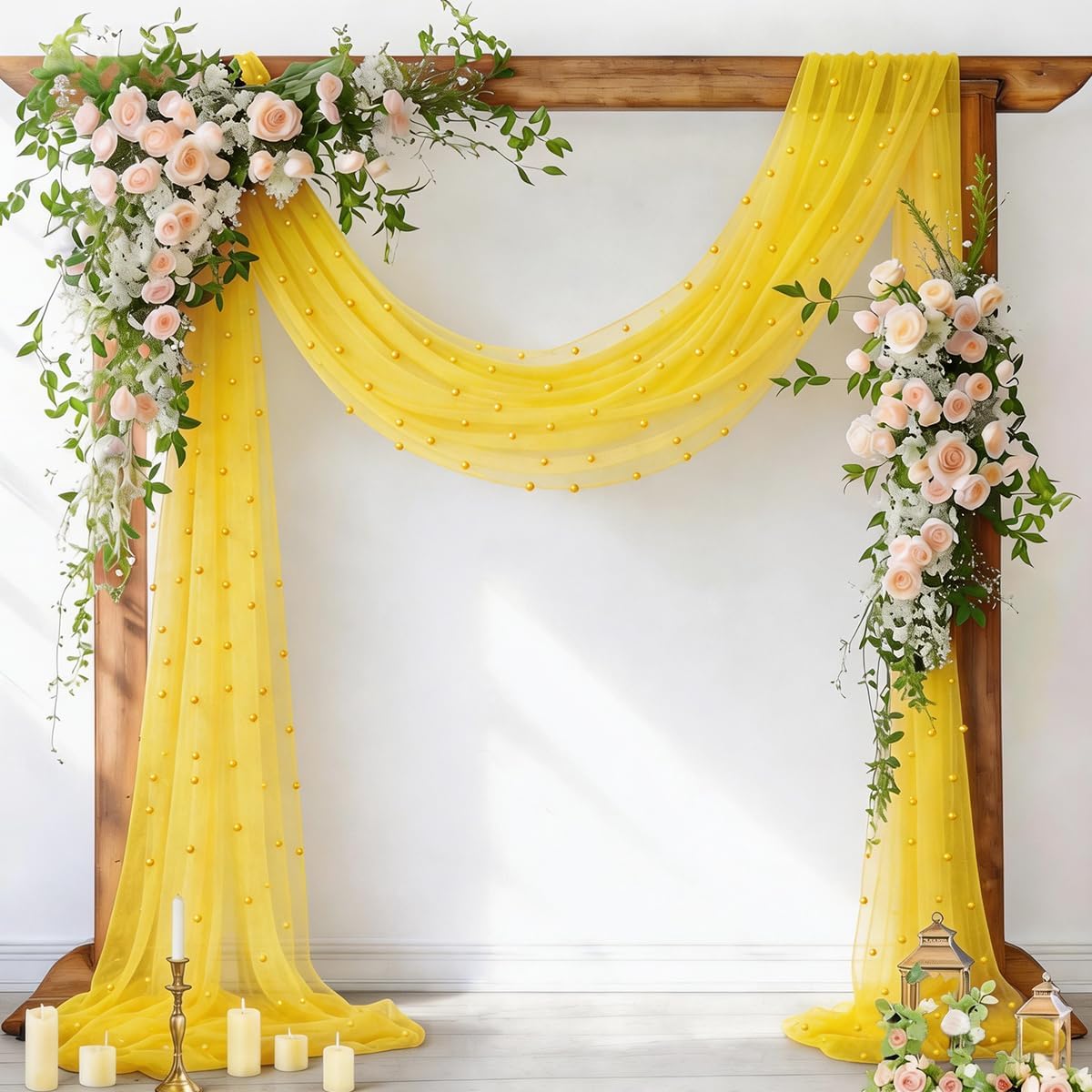 Pearl Table Runner Gauze Sheer 19FT Wedding Draping Fabric Decor | Yellow Summer Tulle Chiffon Arch Outdoor Drapes Extra Long Curtain for Birthday Party Baby Shower Bridal Engagement Decor