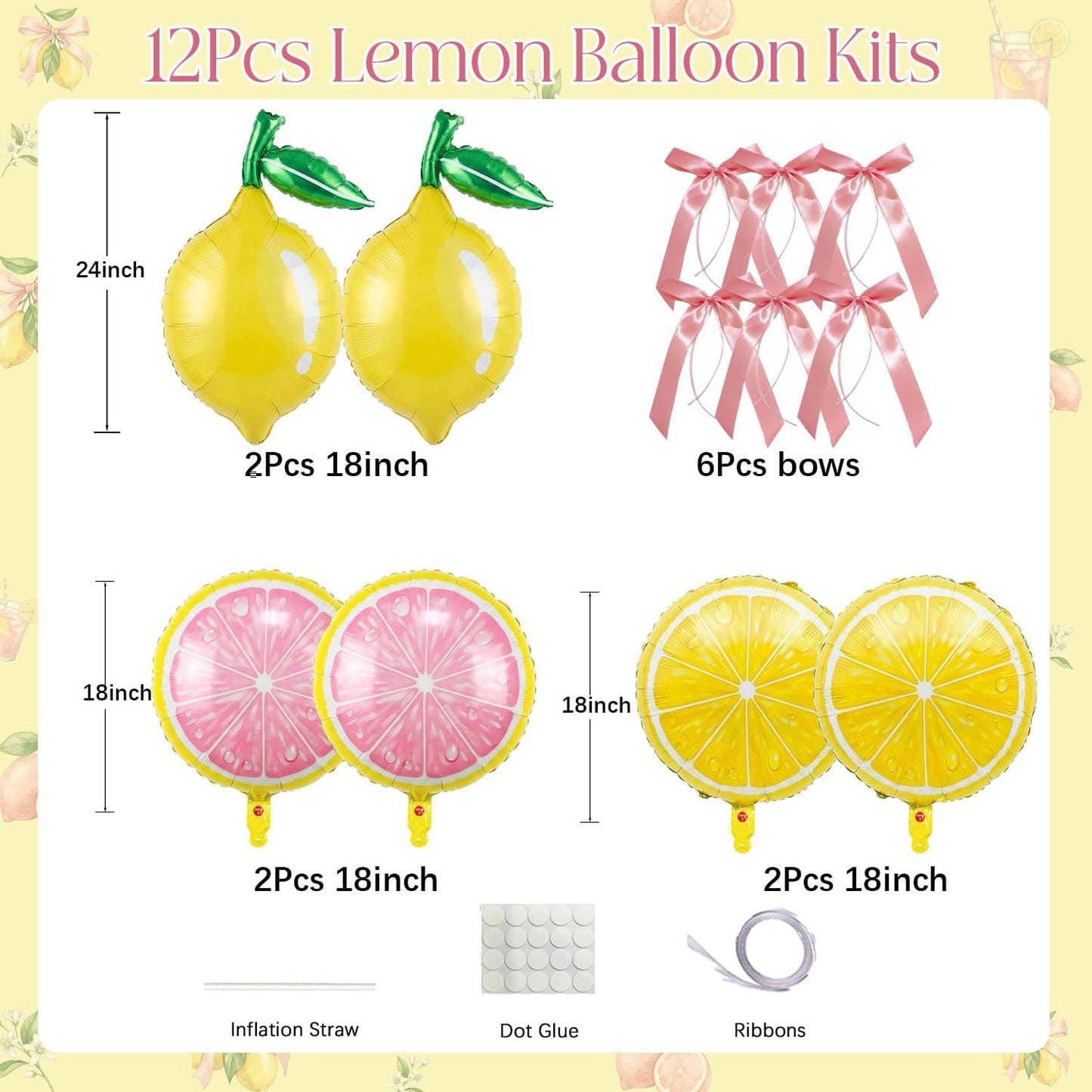 6 Pack Lemon & Pink Lemon Foil Balloons Lemonade Party Decorations with Pink Bow Balloons, Lemon Slice Helium Balloons for Pink Lemonade, Main Squeeze, Freshly Twenty One, Lemon Birthday, Baby Shower