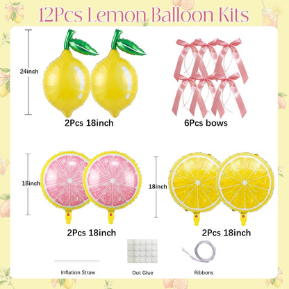 6 Pack Lemon & Pink Lemon Foil Balloons Lemonade Party Decorations with Pink Bow Balloons, Lemon Slice Helium Balloons for Pink Lemonade, Main Squeeze, Freshly Twenty One, Lemon Birthday, Baby Shower