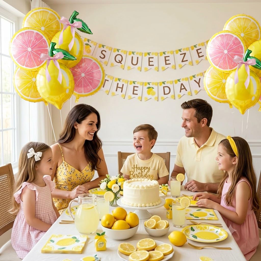 6 Pack Lemon & Pink Lemon Foil Balloons Lemonade Party Decorations with Pink Bow Balloons, Lemon Slice Helium Balloons for Pink Lemonade, Main Squeeze, Freshly Twenty One, Lemon Birthday, Baby Shower