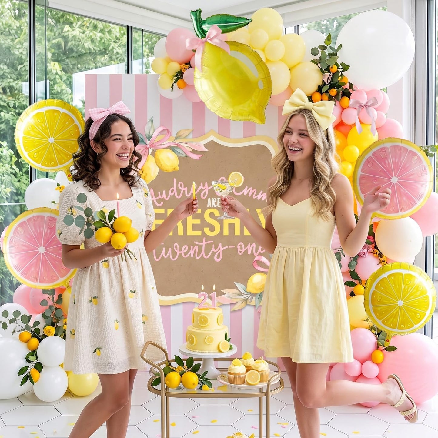 6 Pack Lemon & Pink Lemon Foil Balloons Lemonade Party Decorations with Pink Bow Balloons, Lemon Slice Helium Balloons for Pink Lemonade, Main Squeeze, Freshly Twenty One, Lemon Birthday, Baby Shower