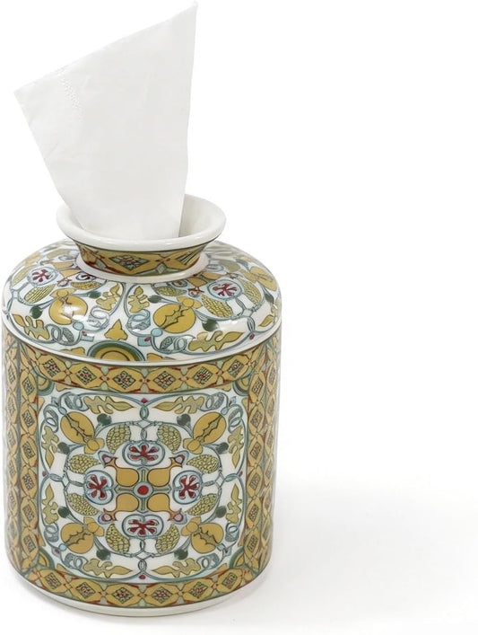 Vintage Ceramic Tissue Box Cover Holder-Round Decorative Organizer for Facial Tissues, Farmhouse Style Home Decor for Bathroom,Bedroom,Living Room & Office- Yellow Pattern