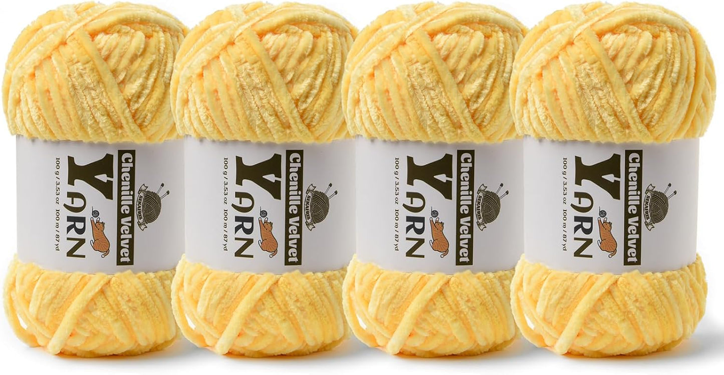 Chenille Crochet Light Yellow Yarn 4 Pack | Fluffy Velvet Yarn Blanket Knitting Yarn for Crocheting Soft Baby Yarn
