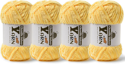 Chenille Crochet Light Yellow Yarn 4 Pack | Fluffy Velvet Yarn Blanket Knitting Yarn for Crocheting Soft Baby Yarn