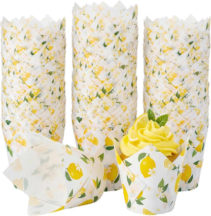 200 Pcs Lemon Flower Tulip Cupcake Liners for Baking Yellow Fruit Paper Muffin Baking Cups Fruit Theme Tulip Muffin Liners Wrappers for Summer Baby Shower Wedding Birthday Spring Party