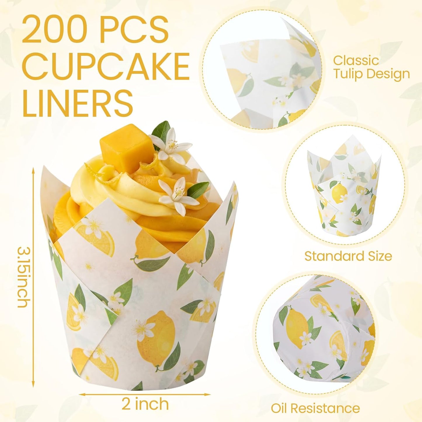 200 Pcs Lemon Flower Tulip Cupcake Liners for Baking Yellow Fruit Paper Muffin Baking Cups Fruit Theme Tulip Muffin Liners Wrappers for Summer Baby Shower Wedding Birthday Spring Party
